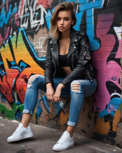 ripped jeans,leather jacket,jeans background,denim jacket,sofia,black shoes,brick wall background,sneakers,denim,skater,vans,jordan,on the street,jeans,urban,sporty,leather shoes,leather boots,jordan 1,adidas,Photography,General,Natural