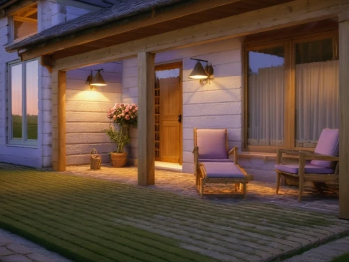 wooden decking,summer cottage,artificial grass,holiday villa,chalet,porch swing,landscape lighting,wooden floor,porch,country cottage,outdoor sofa,boutique hotel,outdoor furniture,cottage,guesthouse,wooden house,visual effect lighting,3d rendering,inverted cottage,small cabin,Photography,General,Realistic
