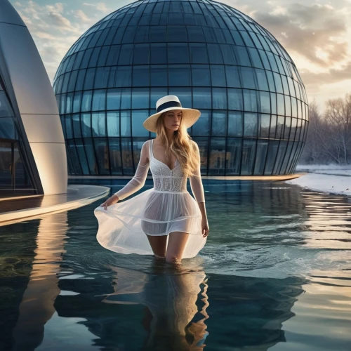 thermal spring,thermal bath,digital compositing,musical dome,the blonde in the river,sun hat,panama hat,crystal ball-photography,thermae,greenhouse cover,futuristic art museum,fusion photography,conceptual photography,diamond lagoon,see-through clothing,white winter dress,high sun hat,yellow sun hat,agent provocateur,aqua studio,Photography,Artistic Photography,Artistic Photography 01