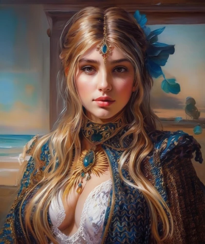 fantasy portrait,fantasy art,mystical portrait of a girl,blue enchantress,the sea maid,fantasy woman,fantasy picture,emile vernon,fantasy girl,romantic portrait,world digital painting,girl portrait,portrait of a girl,cleopatra,blue heart,cinderella,arabian,celtic queen,boho art,blue rose,Illustration,Paper based,Paper Based 04