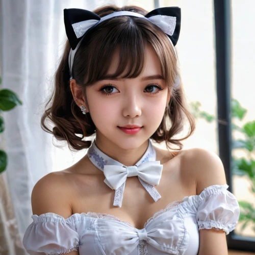 cat ears,pink bow,white bow,realdoll,satin bow,doll cat,maid,japanese kawaii,honmei choco,japanese doll,cute cat,bowtie,bow-tie,minnie mouse,beret,kawaii girl,cute tie,cat kawaii,calico cat,japanese idol,Photography,General,Natural