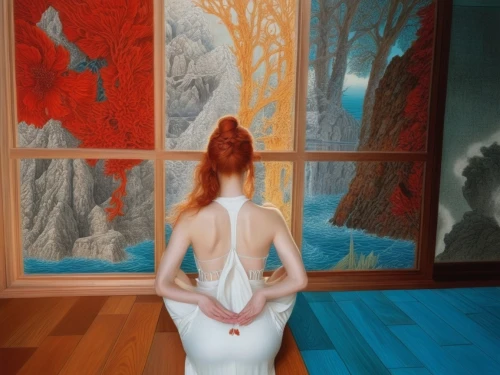 woman sitting,secret garden of venus,praying woman,art gallery,woman praying,orange robes,girl in a long dress from the back,girl sitting,blue room,meticulous painting,lotus position,kneeling,surrealism,woman at the well,root chakra,thermal bath,girl in a long dress,woman's backside,girl with cloth,paintings,Photography,Artistic Photography,Artistic Photography 07