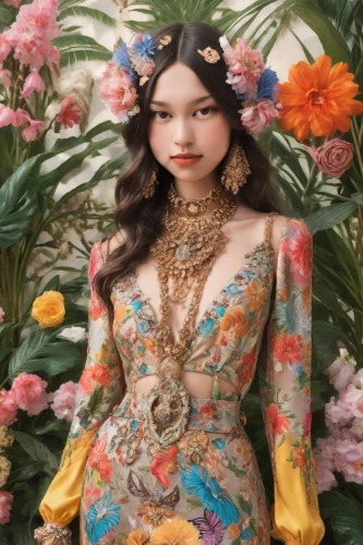 vintage asian,floral,vintage floral,oriental princess,asian costume,girl in flowers,vietnamese,flower fairy,hanbok,beautiful girl with flowers,mandarin sundae,floral japanese,asian vision,vietnamese woman,embellished,bjork,oriental girl,asia,jasmine blossom,colorful floral,Photography,Realistic