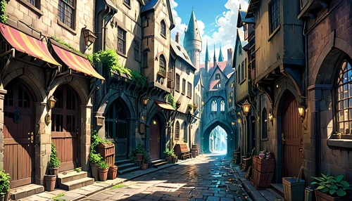 medieval street,medieval town,narrow street,medieval architecture,old linden alley,hamelin,alleyway,3d fantasy,fantasy city,the cobbled streets,old town,knight village,alley,old city,hogwarts,bremen,violet evergarden,medieval,beautiful buildings,gothic architecture,Anime,Anime,Realistic