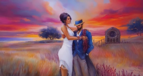 loving couple sunrise,young couple,romantic scene,shepherd romance,romantic portrait,art painting,holy family,church painting,oil painting on canvas,wedding couple,amorous,jesus in the arms of mary,indigenous painting,fantasy picture,dancing couple,boho art,photo painting,courtship,couple in love,idyll,Illustration,Paper based,Paper Based 04