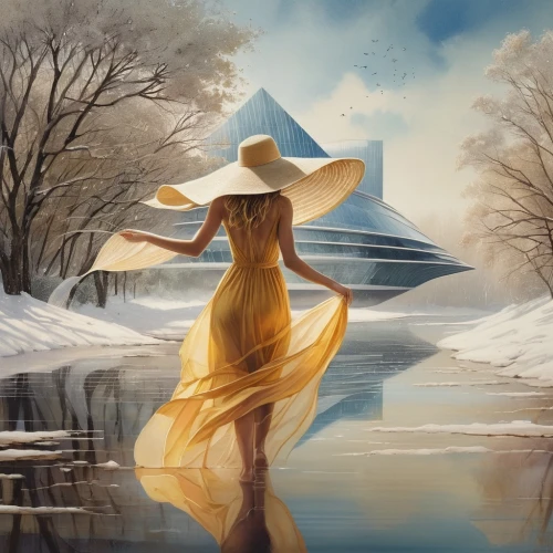 yellow sun hat,girl on the river,world digital painting,the blonde in the river,winter landscape,winter background,fantasy picture,fantasy art,winter dream,winter magic,girl in a long dress,snow landscape,digital painting,landscape background,winter morning,art painting,golden rain,the snow queen,fragrant snow sea,in the winter,Photography,Artistic Photography,Artistic Photography 14