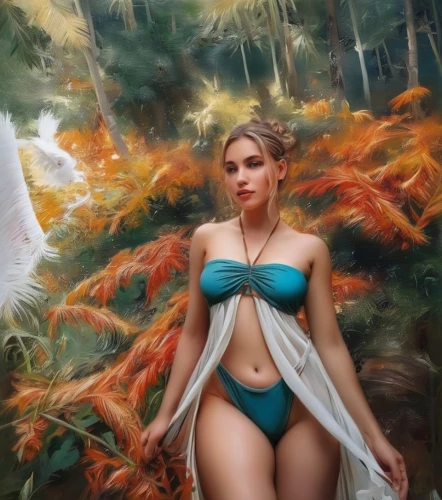 the blonde in the river,water nymph,fantasy picture,fantasy art,fantasy portrait,world digital painting,elsa,in the forest,fantasy woman,3d fantasy,art model,flora,girl in the garden,girl with tree,hula,garden of eden,tiber riven,oil painting,venus,bodypaint,Illustration,Paper based,Paper Based 04