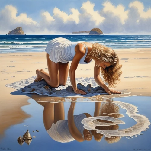 girl upside down,beach landscape,surrealism,sand art,art painting,reflection in water,oil painting,reflection,reflections in water,morning illusion,mirror reflection,mirror image,optical illusion,oil painting on canvas,mirror water,sea landscape,footprints in the sand,seascape,painter,reflections,Illustration,Realistic Fantasy,Realistic Fantasy 13