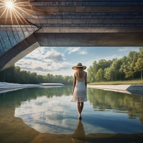 girl on the river,digital compositing,reflecting pool,futuristic art museum,futuristic architecture,infinity swimming pool,conceptual photography,photomanipulation,virtual landscape,boathouse,under the bridge,roof landscape,floating stage,mirror house,moveable bridge,photo manipulation,passerelle,tempodrom,concrete bridge,girl on the boat,Photography,Artistic Photography,Artistic Photography 01