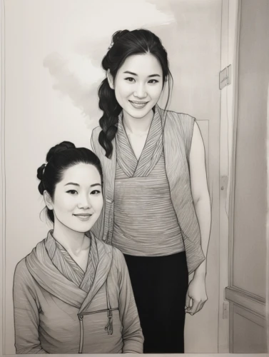 photo painting,graphite,ao dai,pencil drawing,two girls,kimjongilia,image manipulation,pencil art,pencil drawings,custom portrait,image editing,charcoal drawing,pencil frame,charcoal pencil,portrait background,chinese art,colored pencil background,digital photo frame,world digital painting,oil painting on canvas,Illustration,Paper based,Paper Based 30