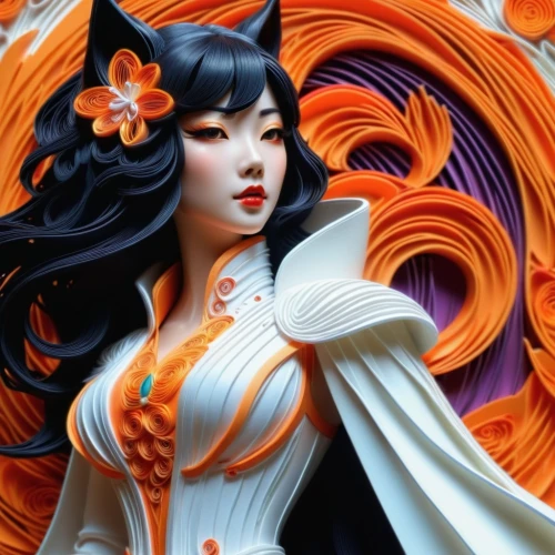 orange blossom,fantasy woman,kitsune,orange petals,porcelain rose,jasmine blossom,fantasy art,orange robes,the enchantress,goddess of justice,tiger lily,paper art,orange rose,sorceress,oriental princess,mandarin orange,mandarin sundae,nine-tailed,fantasy portrait,flame spirit,Illustration,Retro,Retro 08