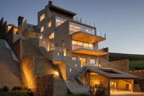 dunes house,cubic house,eco hotel,modern architecture,cube stilt houses,modern house,house in mountains,house in the mountains,cube house,archidaily,stone stairs,eco-construction,winding staircase,habitat 67,futuristic architecture,wine rack,residential house,corten steel,crispy house,outside staircase,Photography,General,Realistic