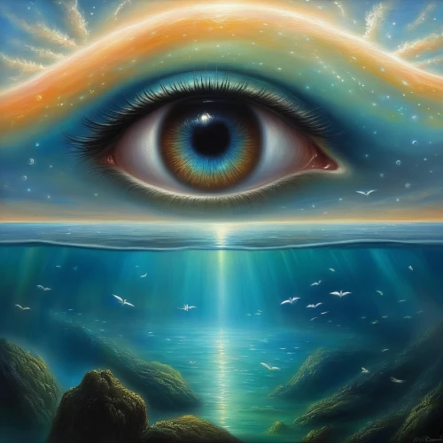 cosmic eye,third eye,the eyes of god,all seeing eye,the illusion,optical ilusion,mirror of souls,parallel worlds,perception,immersed,psychedelic art,surrealism,consciousness,eye ball,exploration of the sea,eye,ocean floor,the endless sea,refractive,distant vision,Illustration,Realistic Fantasy,Realistic Fantasy 01