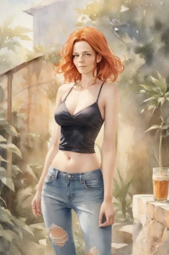 farm girl,world digital painting,jeans background,maureen o'hara - female,clary,fantasy picture,fantasy woman,farm background,mary jane,strong woman,redheads,farmer in the woods,farmer,celtic woman,fantasy art,heidi country,poison ivy,digital compositing,background image,ginger rodgers,Digital Art,Watercolor