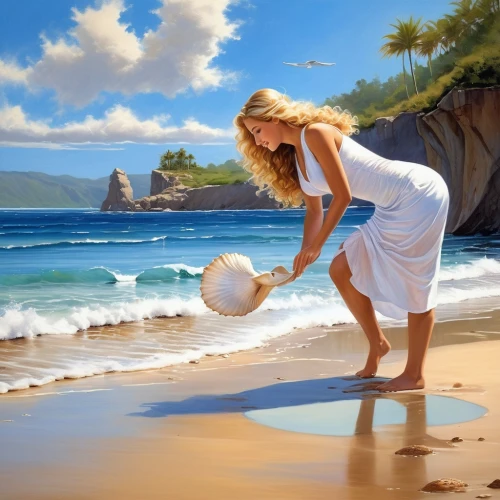 beach landscape,beautiful beach,beautiful beaches,beach scenery,beach background,world digital painting,coconuts on the beach,coastal landscape,girl on the dune,holding a coconut,dream beach,art painting,white sandy beach,photo painting,mountain beach,fantasy picture,landscape background,white sand,sea landscape,creative background,Illustration,Realistic Fantasy,Realistic Fantasy 01