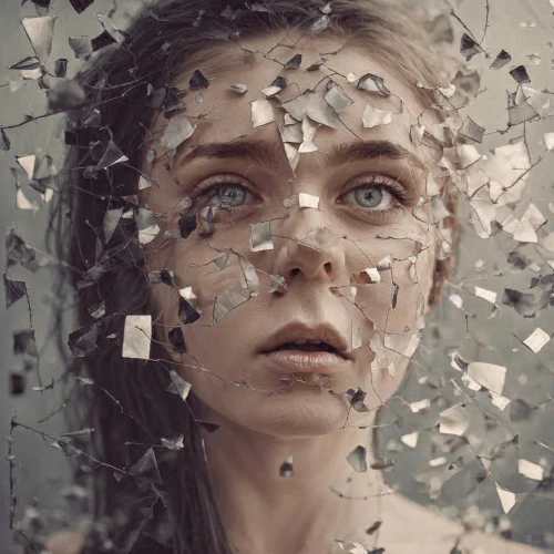 shattered,fragments,broken glass,smashed glass,conceptual photography,fragmentation,disintegration,confetti,photo manipulation,photomanipulation,fragility,shards,mystical portrait of a girl,broken,double exposure,puzzle pieces,multiple exposure,broken-heart,broken pane,digital compositing