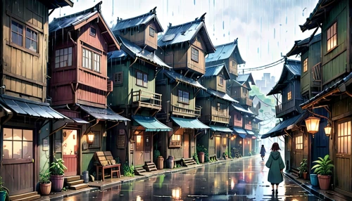 korean village snow,wooden houses,medieval street,korean folk village,tsukemono,fantasy city,world digital painting,rainy season,knight village,japanese architecture,fantasy picture,rainy,asian architecture,japanese umbrellas,bukchon,medieval town,spa town,half-timbered houses,studio ghibli,rainy day,Anime,Anime,Realistic