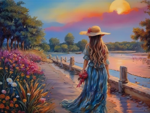 oil painting on canvas,art painting,landscape background,oil painting,summer evening,girl on the river,romantic scene,fantasy picture,girl walking away,boho art,fantasy art,woman walking,beach landscape,photo painting,blue moon rose,beautiful landscape,sea landscape,fineart,painter,evening atmosphere,Illustration,Paper based,Paper Based 04
