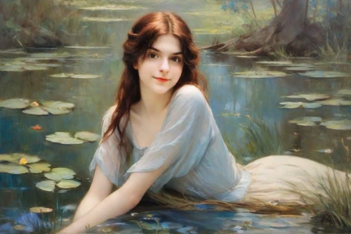 girl on the river,water nymph,the blonde in the river,rusalka,emile vernon,bouguereau,girl in the garden,lily water,woman at the well,young woman,water-the sword lily,girl lying on the grass,lilly of the valley,lilies of the valley,oil painting,narcissus,romantic portrait,water lotus,idyll,freshwater,Digital Art,Impressionism