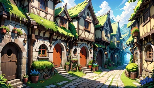 knight village,aurora village,escher village,medieval street,wooden houses,3d fantasy,medieval town,fairy village,alpine village,townhouses,dandelion hall,half-timbered houses,medieval architecture,fantasy city,druid grove,hanging houses,old town,marketplace,fantasy world,old linden alley,Anime,Anime,Realistic