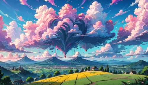 mushroom landscape,fantasy landscape,hot-air-balloon-valley-sky,blooming field,futuristic landscape,cloud mountain,volcanic landscape,high landscape,cloud mountains,panoramical,mountain world,mushroom island,mountain landscape,mountainous landscape,skyland,landscape background,rainbow clouds,high mountains,virtual landscape,wonderland,Anime,Anime,Traditional