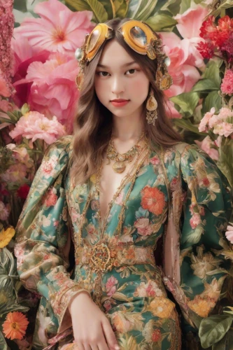 vintage floral,girl in a wreath,floral,girl in flowers,floral japanese,flower fairy,wreath of flowers,vintage flowers,secret garden of venus,colorful floral,floral wreath,flora,beautiful girl with flowers,oriental princess,fairy peacock,floral design,floral composition,blooming wreath,vintage asian,baroque angel,Photography,Realistic