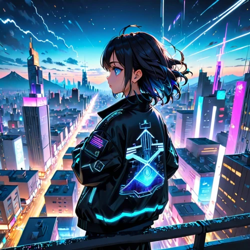 cyberpunk,above the city,jacket,cityscape,tokyo city,cyber,taipei,city lights,tokyo,shibuya,shinjuku,osaka,cg artwork,dusk background,music background,ganai,would a background,electric,city trans,cyan,Anime,Anime,Cartoon