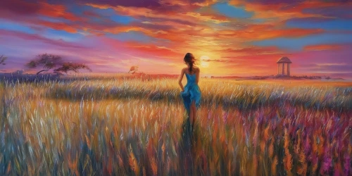 purple landscape,meadow in pastel,landscape background,girl in a long,fantasy picture,wheat field,lavender field,lavender fields,meadow landscape,world digital painting,mirror in the meadow,oil painting,oil painting on canvas,wheat fields,dreamland,landscapes,fantasy landscape,rural landscape,art painting,daybreak,Illustration,Paper based,Paper Based 04