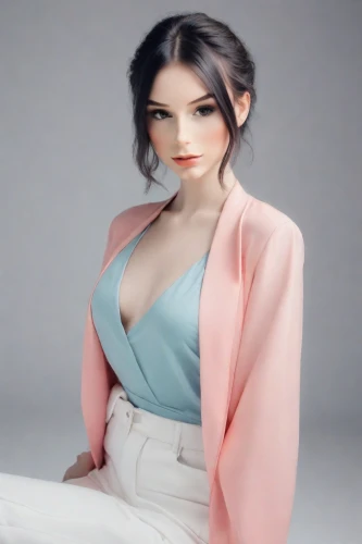 social,fizzy,pale,elegant,lira,bolero jacket,phuquy,model doll,model,doll paola reina,pink background,portrait background,ammo,realdoll,elegance,coral,pantsuit,stream,peach color,sitting on a chair,Photography,Realistic