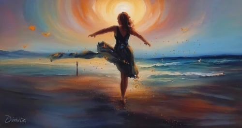 oil painting on canvas,dance with canvases,oil painting,man at the sea,fire dancer,dancer,girl on the dune,woman walking,light bearer,art painting,surfer,oil on canvas,guiding light,girl walking away,walk on water,tightrope walker,the wind from the sea,world digital painting,dancing flames,torch-bearer,Illustration,Paper based,Paper Based 04