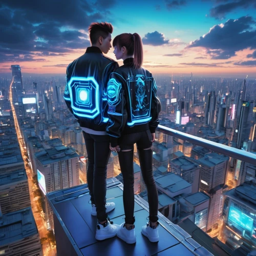 above the city,cyberpunk,couple goal,futuristic,city lights,sky apartment,jacket,neon lights,citylights,high-visibility clothing,hong kong,couple boy and girl owl,couple silhouette,shanghai,travelers,neon light,taipei,sky space concept,sky city,rooftops,Photography,General,Realistic