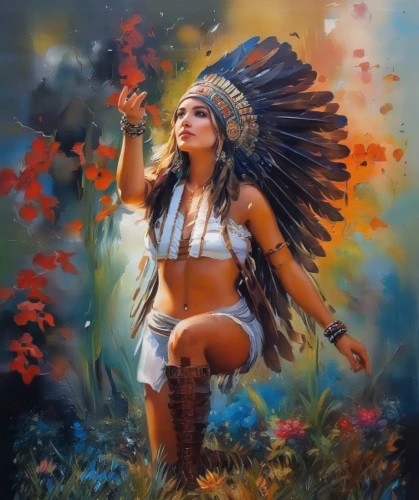 warrior woman,american indian,native american,indigenous painting,pocahontas,cherokee,the american indian,shamanic,native,tribal chief,feather headdress,indigenous,indian headdress,indigenous culture,shamanism,headdress,amerindien,natives,first nation,shaman,Illustration,Paper based,Paper Based 04