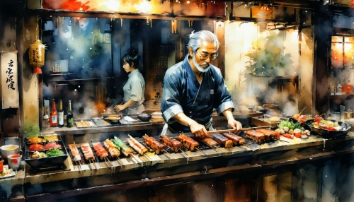 yakitori,izakaya,yatai,watercolor tea shop,watercolor shops,butcher shop,hong kong cuisine,watercolor cafe,street food,japanese cuisine,fishmonger,shopkeeper,market stall,watercolor painting,sushi japan,japanese restaurant,japanese art,watercolor background,world digital painting,watercolor paris shops,Illustration,Japanese style,Japanese Style 14