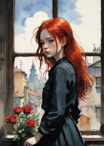 watercolor paris balcony,red-haired,red rose,clary,holding flowers,romantic rose,orange rose,red roses,scent of roses,winter rose,with roses,paris balcony,bright rose,windowsill,red head,window sill,romantic portrait,rose,redhead doll,red petals,Illustration,Paper based,Paper Based 05