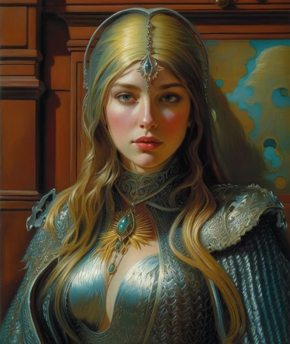 fantasy portrait,joan of arc,fantasy woman,portrait of a girl,cleopatra,fantasy art,golden crown,head woman,girl portrait,paladin,prejmer,angel moroni,mary-gold,artemisia,thracian,eurasian,rapunzel,golden haired,female doll,portrait of christi,Illustration,Realistic Fantasy,Realistic Fantasy 03