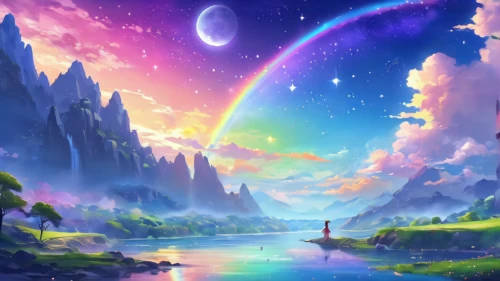 rainbow and stars,fantasy landscape,rainbow background,unicorn background,fantasy picture,rainbow bridge,rainbow clouds,dream world,fairy world,landscape background,unicorn and rainbow,fantasy world,3d fantasy,background colorful,rainbow world map,rainbow,rainbow colors,dreamland,colorful background,rainbow pencil background,Illustration,Realistic Fantasy,Realistic Fantasy 01