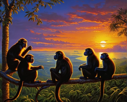 primates,great apes,monkeys band,monkey family,human evolution,men sitting,three monkeys,the blood breast baboons,baboons,monkeys,barbary macaques,monkey island,orang utan,primate,bonobo,three wise monkeys,tropical animals,gibbon 5,siamang,macaque,Illustration,Realistic Fantasy,Realistic Fantasy 22