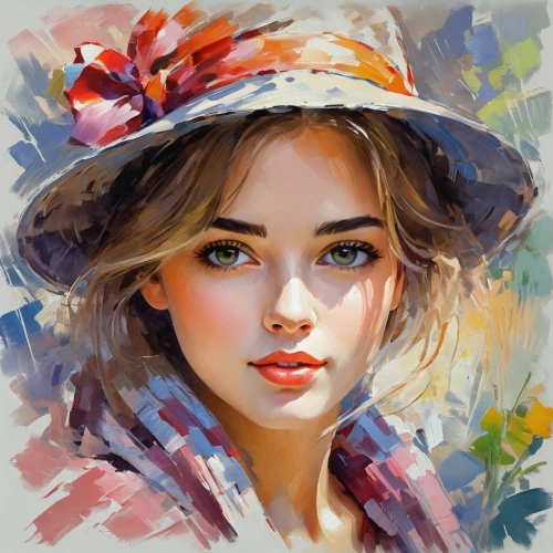 girl wearing hat,girl portrait,boho art,romantic portrait,straw hat,sun hat,high sun hat,girl drawing,art painting,flower painting,face portrait,photo painting,young woman,portrait of a girl,painting technique,watercolor women accessory,illustrator,artist portrait,italian painter,woman portrait,Conceptual Art,Oil color,Oil Color 10