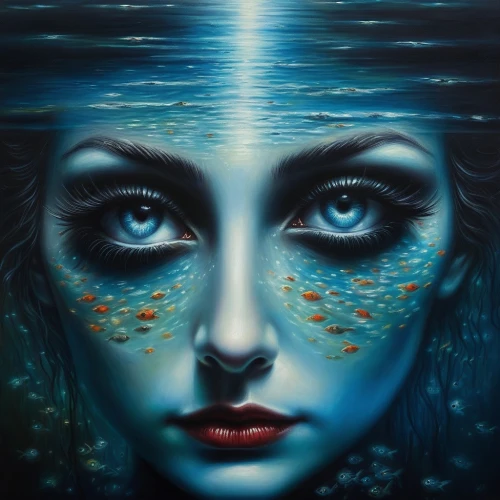 water nymph,submerged,siren,oil painting on canvas,submerge,sirens,blue waters,water pearls,under the water,immersed,the sea maid,mystical portrait of a girl,water creature,watery heart,water lotus,underwater background,undersea,pisces,underwater landscape,deep blue,Illustration,Realistic Fantasy,Realistic Fantasy 25