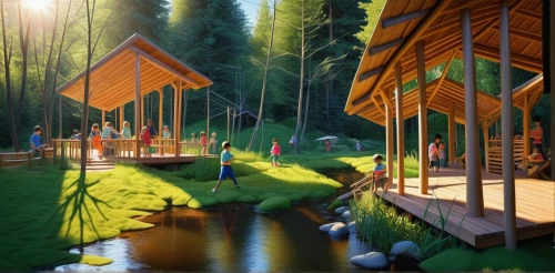floating huts,cartoon forest,campsite,cube stilt houses,eco hotel,fishing tent,golf resort,stilt houses,3d rendering,landscape background,bamboo forest,tree house hotel,camping tipi,campground,eco-construction,concept art,house in the forest,cartoon video game background,3d background,forest ground,Photography,Documentary Photography,Documentary Photography 22