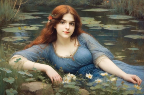 girl on the river,rusalka,girl in the garden,water nymph,the blonde in the river,lilly of the valley,bouguereau,water-the sword lily,lilies of the valley,girl in flowers,girl picking flowers,the magdalene,narcissus,woman at the well,narcissus of the poets,idyll,flora,girl lying on the grass,water forget me not,artemisia,Digital Art,Impressionism