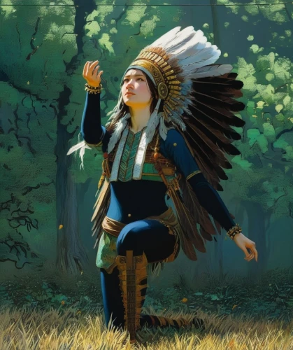 pocahontas,american indian,the american indian,throwing leaves,native american,amerindien,kokoshnik,war bonnet,native,shaman,hawk feather,wind warrior,tribal chief,warrior woman,yi sun sin,world digital painting,indigenous painting,field archery,painting technique,female warrior,Illustration,Realistic Fantasy,Realistic Fantasy 12