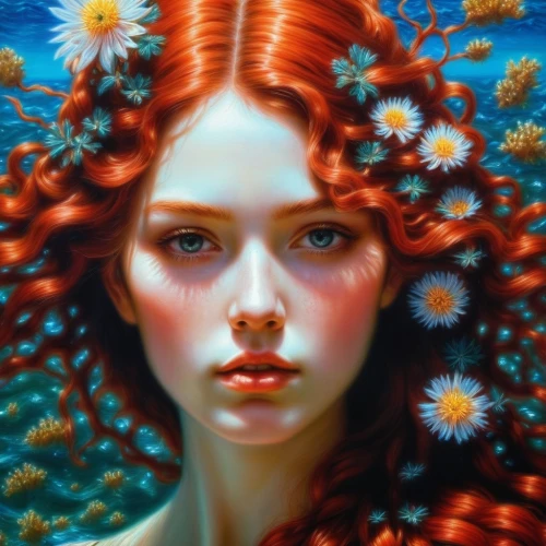 girl in flowers,mystical portrait of a girl,fantasy portrait,merfolk,flora,red-haired,redheads,fantasy art,red head,elven flower,girl in a wreath,coral bells,wreath of flowers,faery,sun flowers,fractals art,safflower,dryad,deep coral,crown marigold,Illustration,Paper based,Paper Based 04