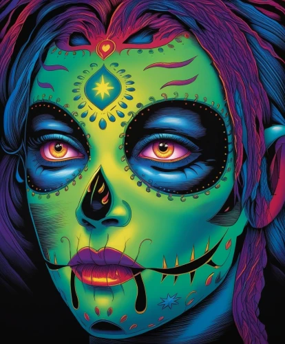 sugar skull,neon body painting,day of the dead,catrina calavera,dia de los muertos,la calavera catrina,day of the dead frame,calaverita sugar,day of the dead icons,calavera,la catrina,days of the dead,neon makeup,face paint,el dia de los muertos,day of the dead skeleton,voodoo woman,face painting,psychedelic art,muerte,Illustration,Realistic Fantasy,Realistic Fantasy 25