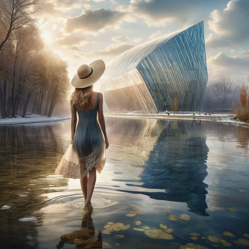 paper boat,digital compositing,photo manipulation,photomanipulation,fantasy picture,conceptual photography,world digital painting,3d fantasy,straw hat,girl on the river,photoshop manipulation,image manipulation,the hat of the woman,fantasy art,high sun hat,travel woman,girl on the boat,futuristic art museum,girl walking away,yellow sun hat,Photography,Artistic Photography,Artistic Photography 01