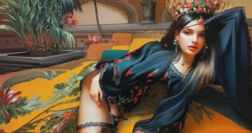 flamenco,amano,radha,geisha,venetian,flora,meticulous painting,gentiana,oriental painting,woman on bed,fantasy art,italian painter,fantasy portrait,cleopatra,the carnival of venice,chinese art,painted lady,oriental princess,majorelle blue,art model,Illustration,Paper based,Paper Based 04