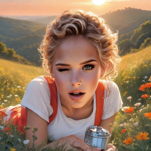 girl in flowers,beautiful girl with flowers,girl in the garden,heidi country,jessamine,girl picking flowers,vanessa (butterfly),wildflower,heath aster,calendula,clementine,daisy flower,daisy flowers,girl lying on the grass,meadow daisy,calenduleae,pixie-bob,daisies,marguerite,flower girl,Digital Art,Comic