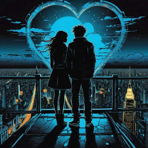 silhouette art,couple silhouette,valentines day background,two hearts,love in air,cg artwork,heart background,romantic scene,sci fiction illustration,love background,heart lock,would a background,romantic night,flying heart,two people,lost love,valentine background,boy and girl,heart in hand,city lights,Conceptual Art,Graffiti Art,Graffiti Art 01