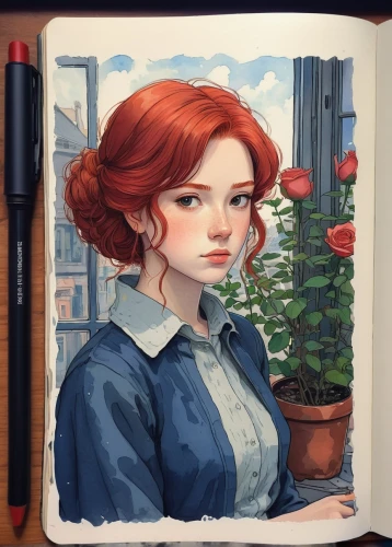 holding flowers,camellia,marguerite,winter rose,camellias,camelliers,clementine,bunches of rowan,red-haired,girl picking flowers,girl in the garden,flower painting,rose drawing,rose flower illustration,watercolor sketch,rose bush,watercolor blue,romantic portrait,flower shop,watercolor painting,Illustration,Retro,Retro 16