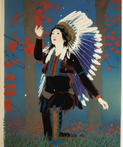 red cloud,the american indian,american indian,cool woodblock images,pocahontas,indigenous painting,throwing leaves,amerindien,utonagan,khokhloma painting,lilian gish - female,war bonnet,native american,geisha,warrior woman,first nation,woman holding gun,native,japanese woman,red chief,Illustration,Japanese style,Japanese Style 21